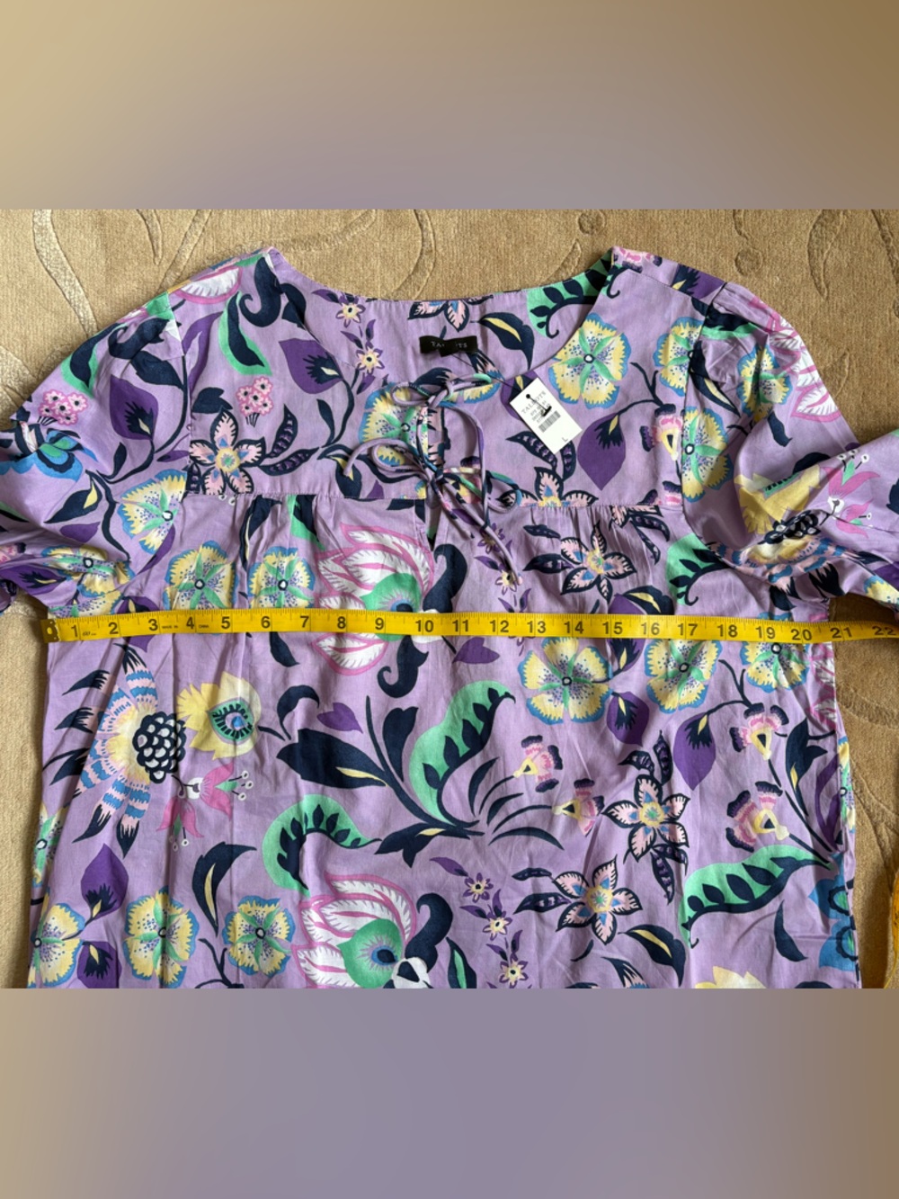 NWT, Talbots Cotton Short Sleeve Tie Front Top, Lavender Jacobean Floral, Size L - Picture 12 of 13